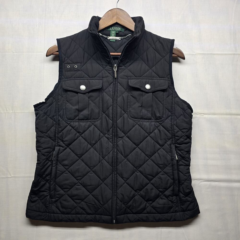 Lauren Ralph Lauren Vest Womens Medium Quilted Full Zip Pockets Crest Logo Black